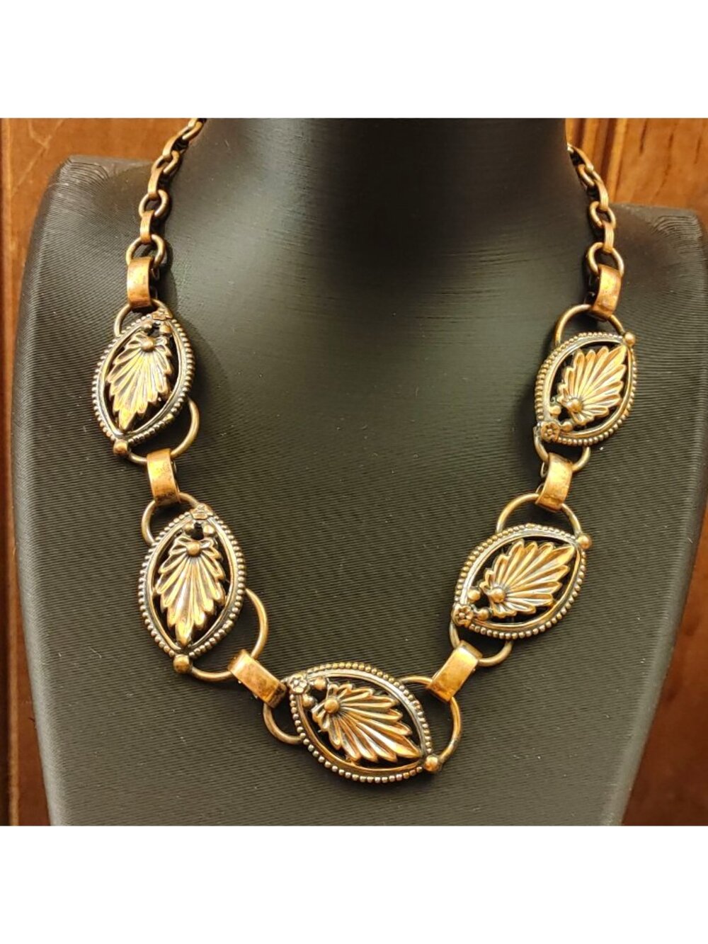 Modernist Necklace Vintage 16 Inch Mix Metal Leaf Design Statement Floral Motif